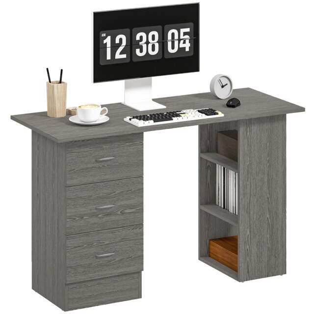 HOMCOM 120cm Computer Desk, Study Table with 3 Shelf & Drawers, Grey Grey