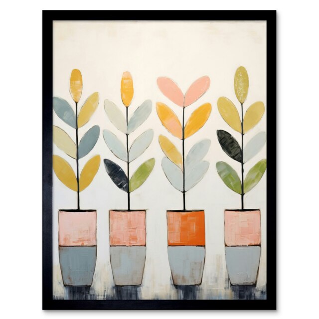 Plant Pots Simple Pastel Colour Oil Bright Pink Green Boho Framed Wall Art Print