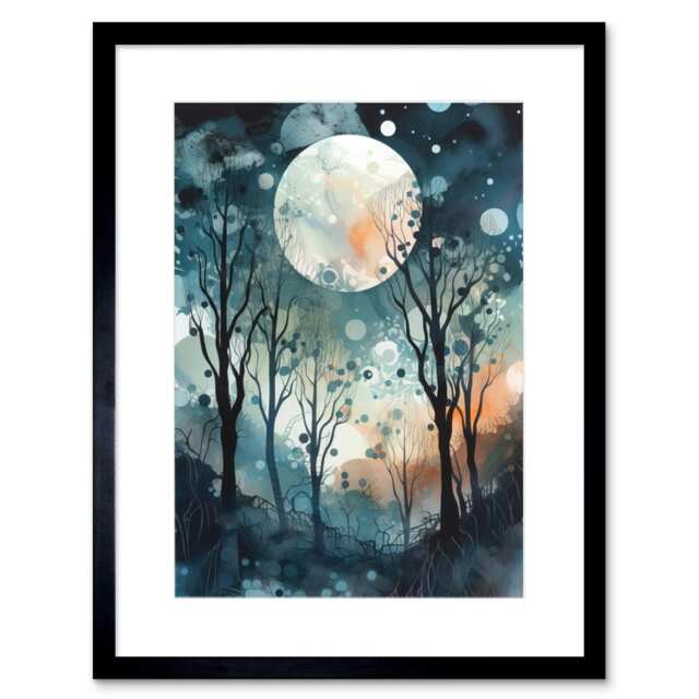 "Full Moon Winter Forest Landscape Snowfall Trees at Night 9x7"" Black Framed Wall Art Print"