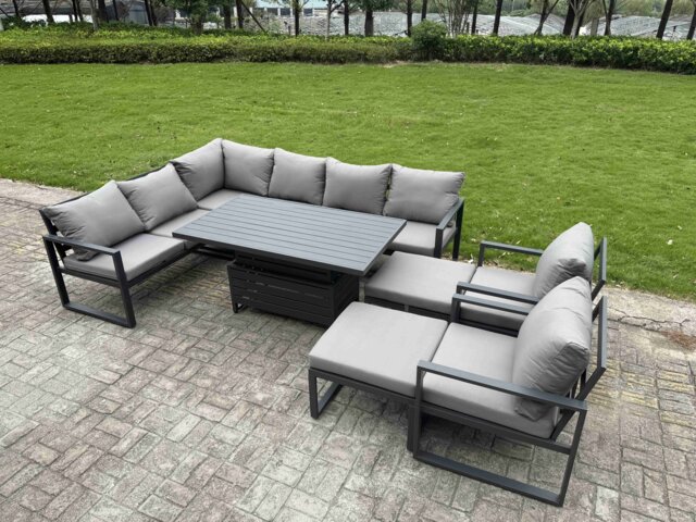 Fimous Aluminium Garden Furniture Sets,10 Seater Outdoor Conversational Dining Set with Adjustable Rising Lifting Dining Table,2 Big Footstools Dark Grey