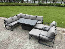 Fimous Aluminium Garden Furniture Sets,10 Seater Outdoor Conversational Dining Set with Adjustable Rising Lifting Dining Table,2 Big Footstools Dark Grey