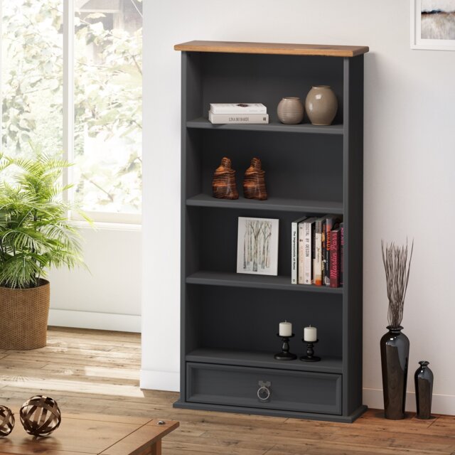 Corona Charcoal 1 Drawer DVD Rack Small Bookcase 4 Shelf Media CD Storage Solid Wood Pine Wooden Dark Grey with Mexican Styling
