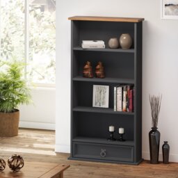 Corona Charcoal 1 Drawer DVD Rack Small Bookcase 4 Shelf Media CD Storage Solid Wood Pine Wooden Dark Grey with Mexican Styling