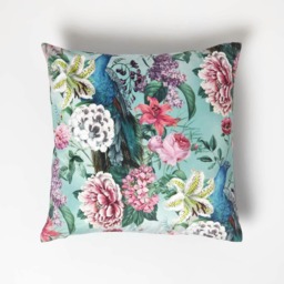 Homescapes Floral Peacock Pink & Green Filled Velvet Cushion - 46 x 46 cm Green 46 x 46 cm 1