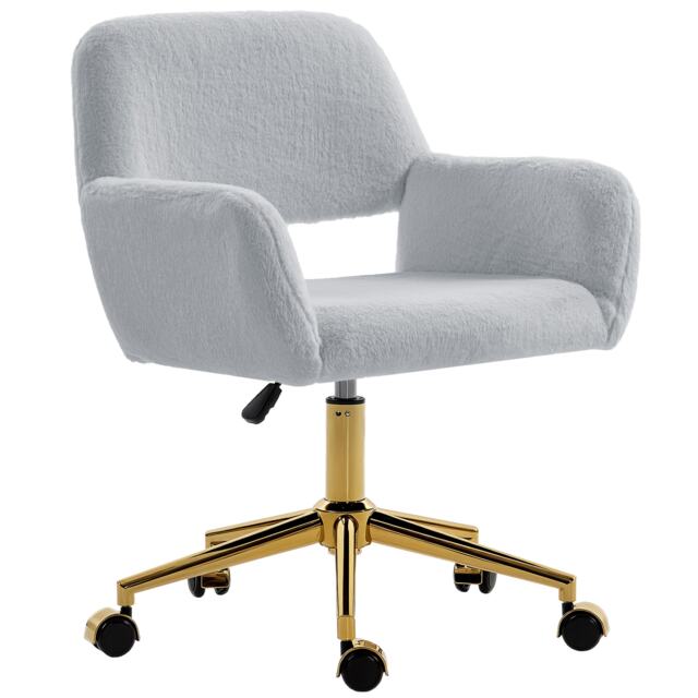 HOMCOM Swivel Office Chair, Faux Rabbit Fur Upholstered Vanity Desk Chair with Adjustable Height, Armrests and Wheels for Home Office, Bedroom, Makeup, Dressing Room, Grey Grey