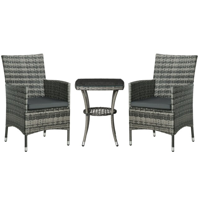 Outsunny Rattan Bistro Set Garden Chair Table Patio Outdoor, Mixed Grey