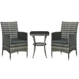 Outsunny 3 Pieces Rattan Bistro Set, Wicker Garden Furniture Set with 2 Tier Coffee Table and Chairs, Washable Cushions, for Outdoor Patio Balcony, Mixed Grey