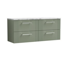 Balterley Partial Fluted 4 Drawer Wall Hung Vanity Unit with Carrera Marble Laminate Worktop Green Satin Green 3