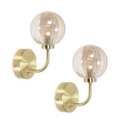 ValueLights Chessy Pair Gold Curved Wall Light Amber Ribbed Glass Shade Gold