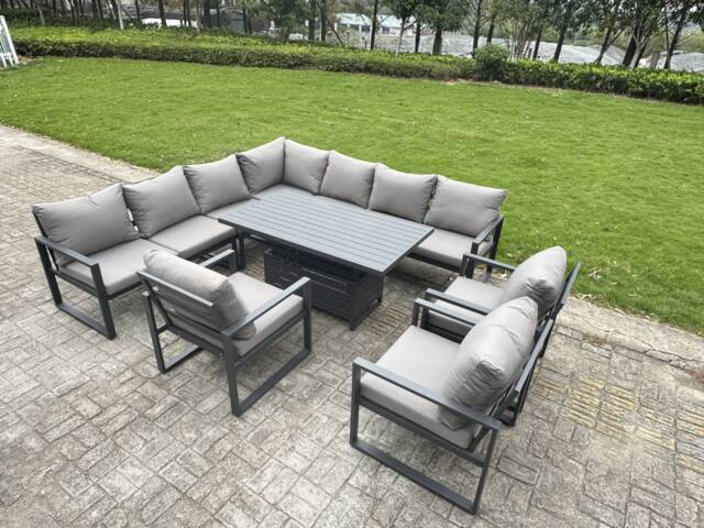 Fimous 9 Piece L-shaped Garden Furniture Set 10-Seater Aluminium Outdoor Dining Set with Adjustable Rising Lifting Dining Table 3 Chairs Dark Grey