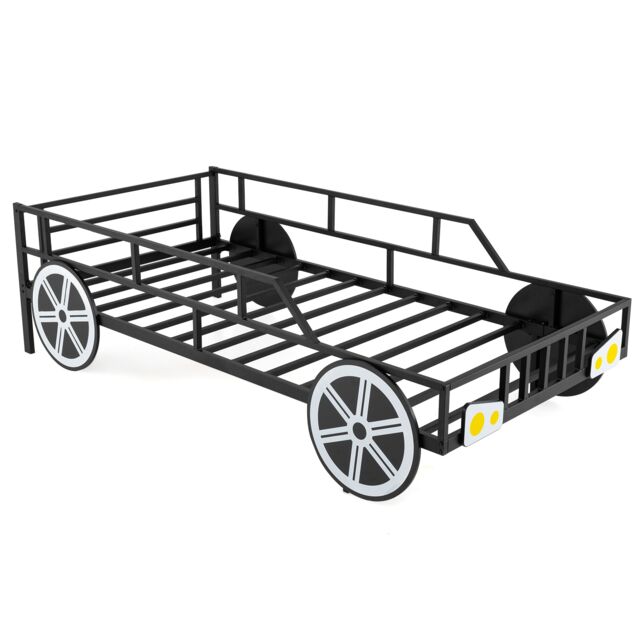 COSTWAY Single Size Metal Car-Shaped Platform Bed Kid’s Bed Frame-Black