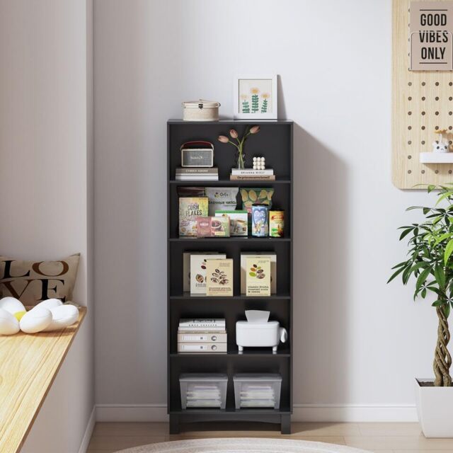 Wide Shelf Tier Wooden Bookcase Shelving Modern Open Display Storage Cabinet Black Black 5 Tier 1