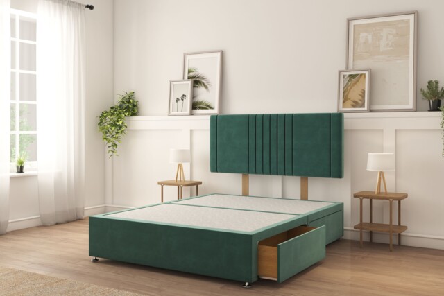 "Sloomy Langston Emerald Plush Divan Bed Base 2 Drawers Foot-End With 26"" Strutted Headboard 4' Small Double"