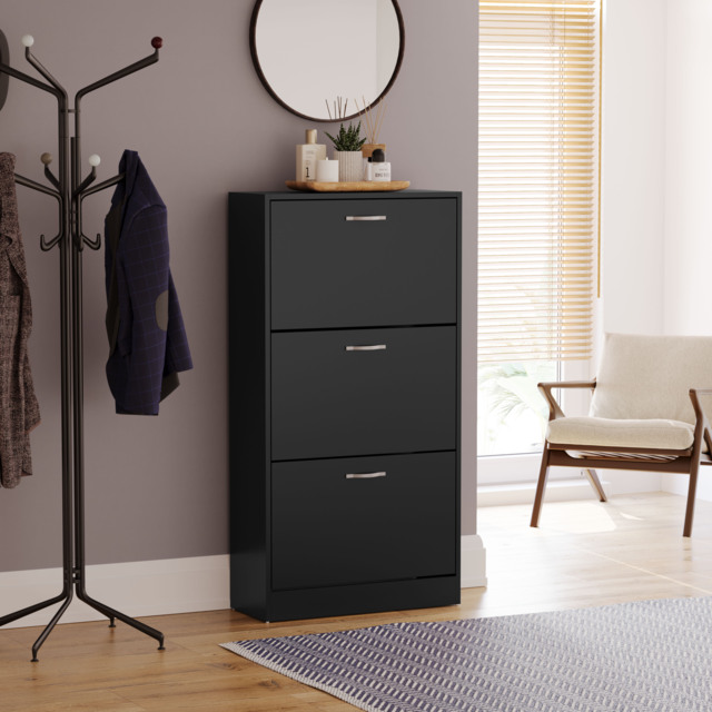 Vida Designs 3 Drawer Shoe Cabinet Shoe Rack Storage Cupboard, Black