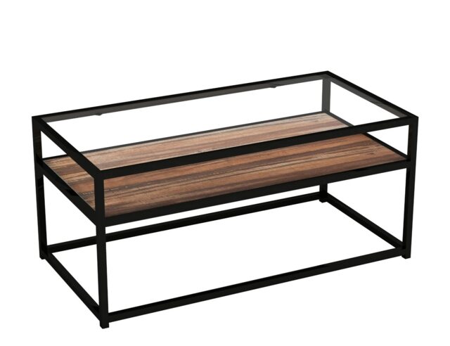 Glass Display Top Coffee Table with Steel Frame Reversible Wooden Storage Shelf Black Dark Walnut