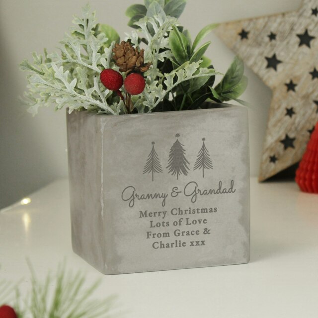 Personalised Christmas Tree Concrete Planter Grey