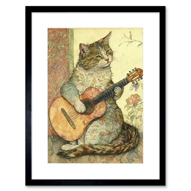 "Street Musician Cat Guitar Flower Pattern Pastel 9x7"" Black Framed Wall Art Print"