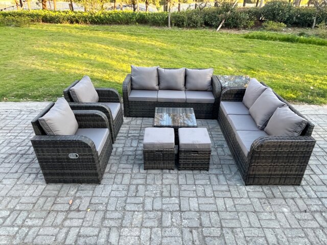Fimous High Back Rattan Garden Furniture Set with Square Coffee Table Side Table 2 Small Footstools Indoor Outdoor Patio Lounge Sofa Set Dark Grey Mixed
