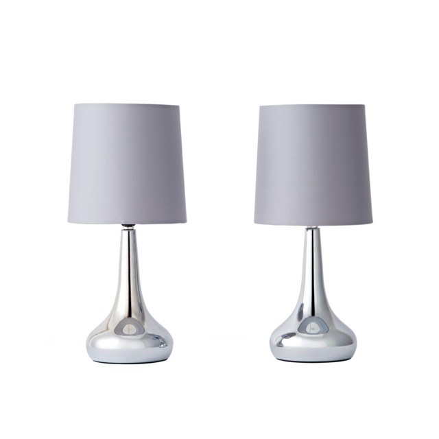 ValueLights Teardrop Pair Chrome Touch Table Lamps Grey Shade and Bulbs