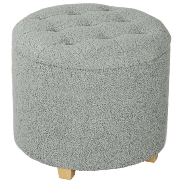 HOMCOM 45cm Round Storage Ottoman, Teddy Fleece Footstool with Removable Lid and Wood Legs, Button Tufted Vanity Stool for Living Room Bedroom Hallway, Grey Grey Grey 1