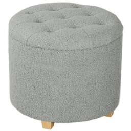 HOMCOM 45cm Round Storage Ottoman, Teddy Fleece Footstool with Removable Lid and Wood Legs, Button Tufted Vanity Stool for Living Room Bedroom Hallway, Grey