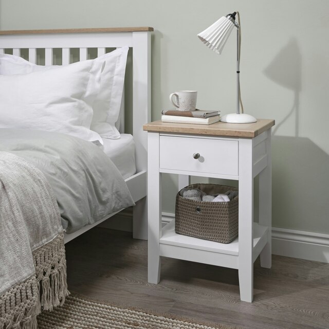 Leines 1 Drawer Bedside Table in White & Oak White Length 45cm x Depth 37cm x Height 63.5cm