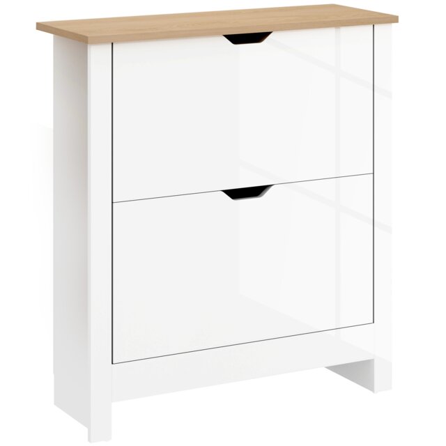 HOMCOM 12-Shoe Storage Cabinet 4 Shelves 2 Drawers Tabletop High Gloss White White High gloss