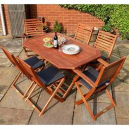 Six Seater Wooden Garden Dining Set With Grey Cushions