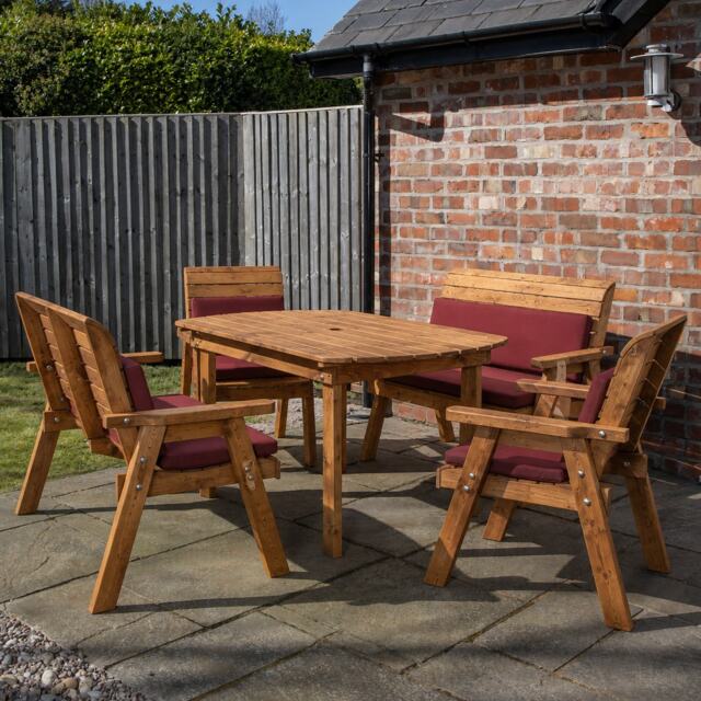 Hand Made 6 Seater Rustic Wooden Garden Furniture Set. Table, Bench, Chairs & Burgundy Cushions