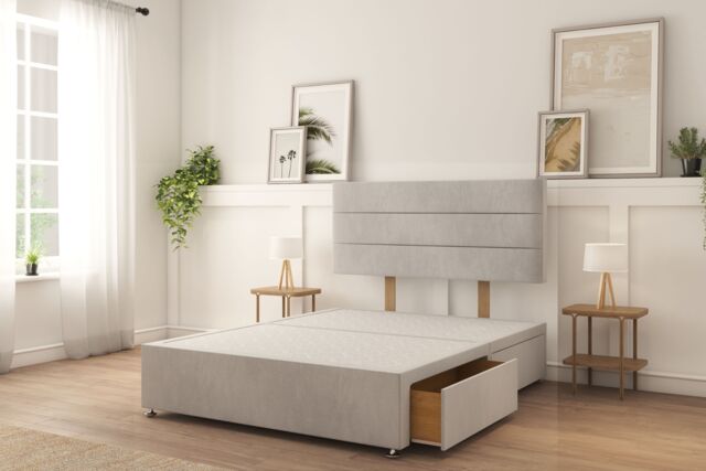 "Sloomy Texas Silver Naples Divan Bed Base 2 Drawers Same Side With 26"" Strutted Headboard 4' Small Double"