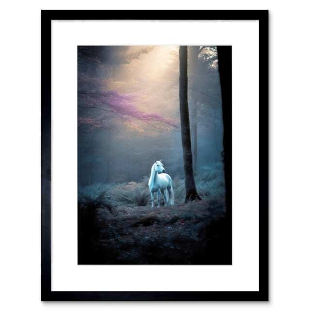 "Lone White Forest Horse Enchanted Landscape 9x7"" Black Framed Wall Art Print"