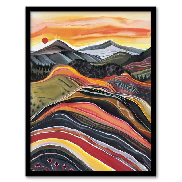 Cairngorms Mountains Scottish Sunset Folk Art Black Framed Wall Art Print A4