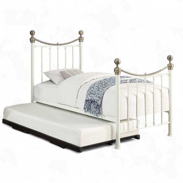 Hampstead Traditional Single Metal Bed Frame & Guest Trundle White White & Brass Single
