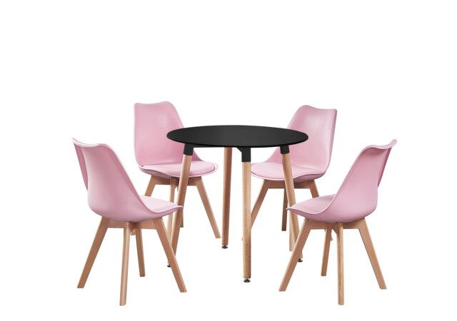 5PCs Dining Set - a Black Round Dining Table & Set of 4 White Lorenzo Tulip chairs with Padded Seat Pink