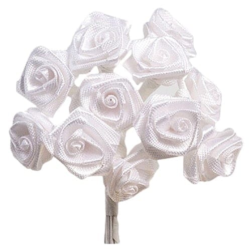 White Fabric Ribbon Roses - Bunch of 12