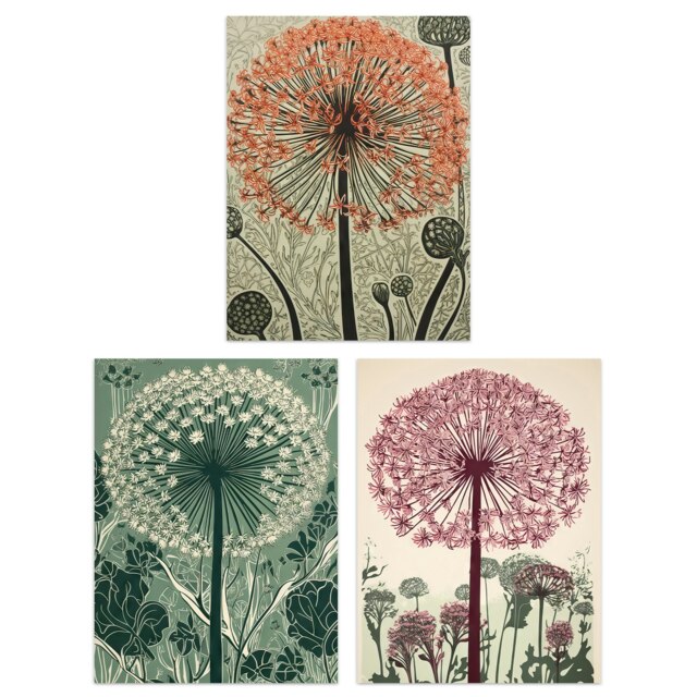 Set of 3 Floral Allium Flower Blooms Soft Pastel Home Decor Wall Art Prints 12x16 Inch