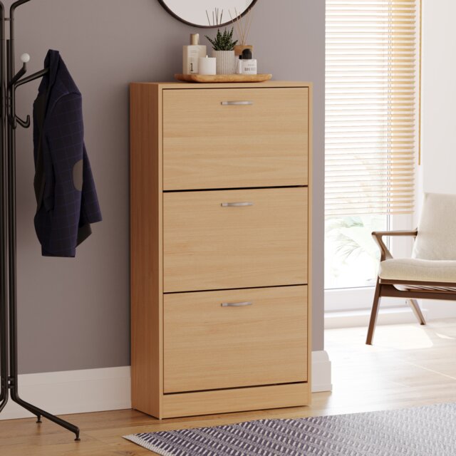 Vida Designs 3 Drawer Shoe Cabinet Shoe Rack Storage Cupboard, Pine