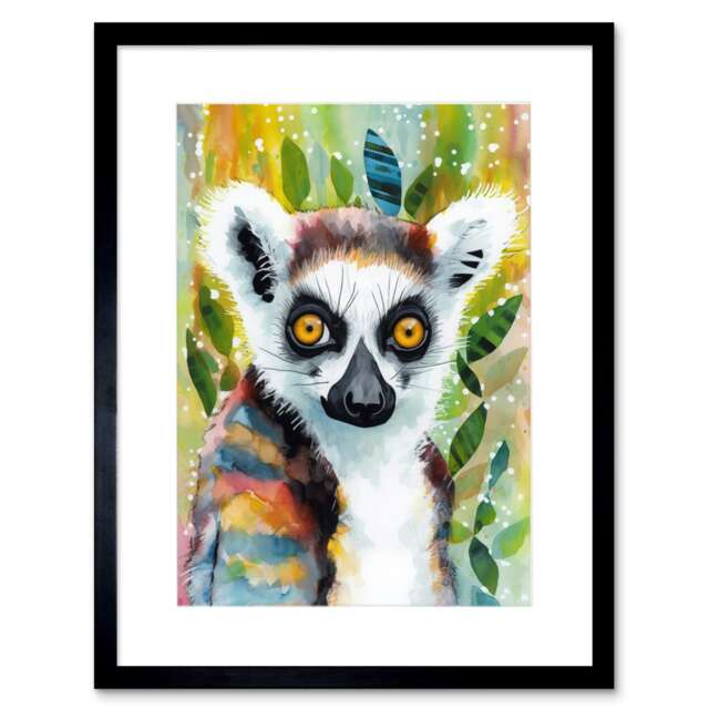 "Lemur Portrait Folk Art Watercolour Painting 9x7"" Black Framed Wall Art Print"