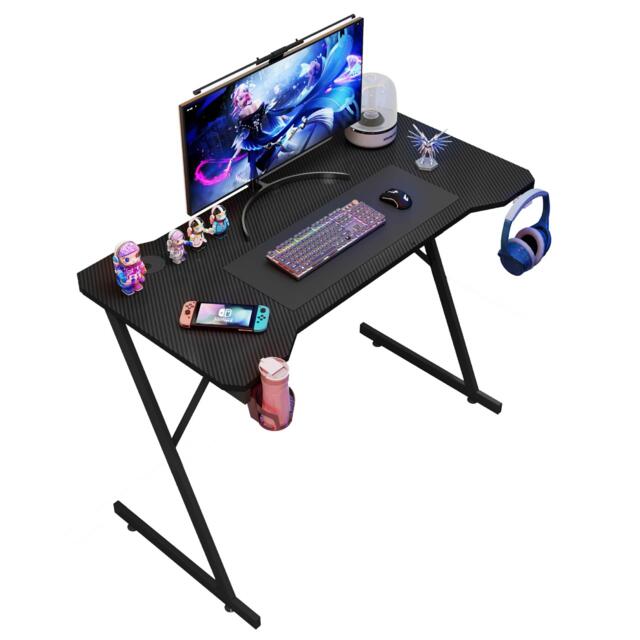 House of Home Gaming Desk Carbon Fibre Finish Black 118cm Cup Holder, Headphone Hook Black