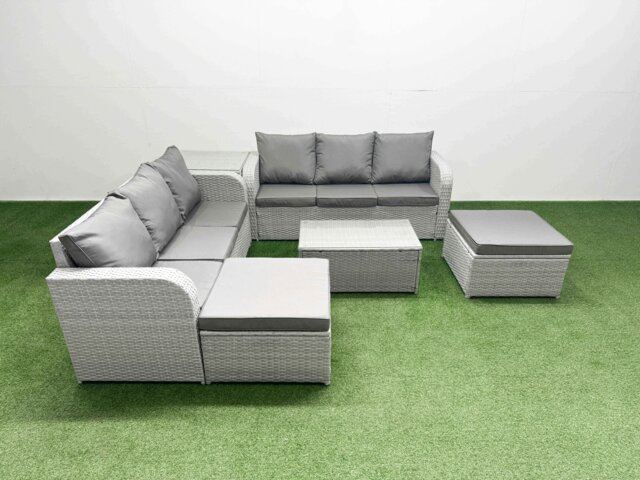 Fimous Outdoor Garden Furniture Sets 8 Seater Wicker Rattan Furniture Sofa Sets with Rectangular Coffee Table high Back Lounge Sofa 2 Big Footstool Side Table Light Grey