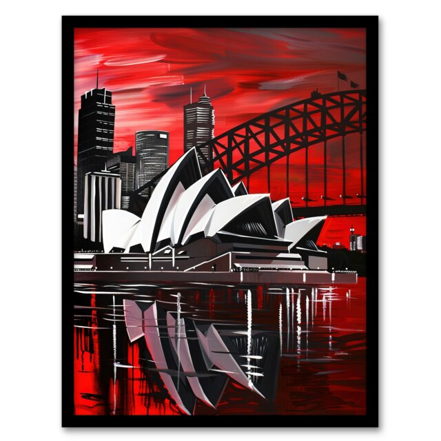 Sydney Opera House Dramatic Red NSW Living Room Black Framed Wall Art Print A4