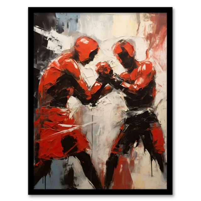 Red Boxers Boxing Sparring Oil Action Sport Black Framed Wall Art Print A4