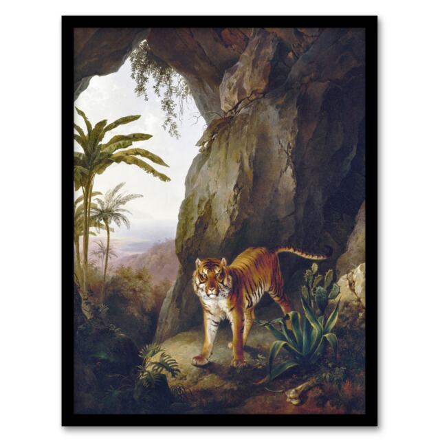 "Tiger in Cave Big Cat Oil Painting Agasse Framed Wall Art Print 12X16"""