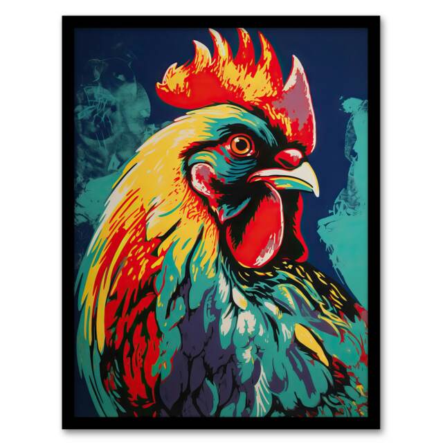 Cockerel Rooster Screen Red Yellow Turquoise Black Framed Wall Art Print A4