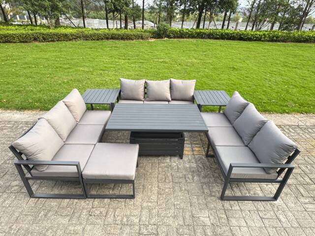 Fimous U-shaped Garden Furniture Set 10-Seater Aluminium Outdoor Dining Set with Adjustable Rising Lifting Dining Table 2 Side Tables Big Footstool Dark Grey