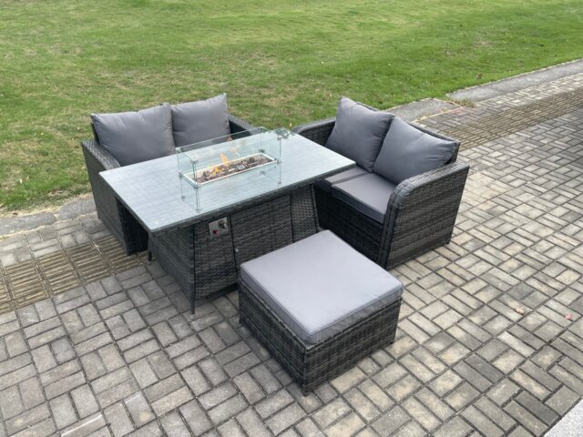 Fimous Rattan Garden Furniture Set with Gas Fire Pit Table Footstool 4 Pieces Outdoor Loveseat Sofa Set Dark Grey Mixed