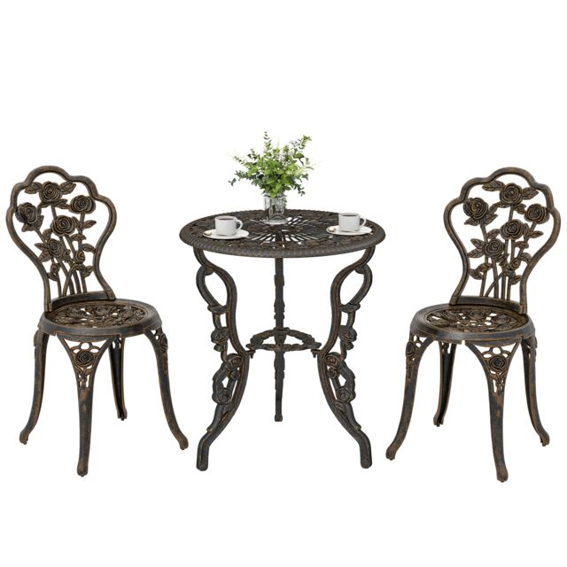 Outsunny Outdoor Bistro Set with Umbrella Hole Rose Design Metallic Bronze Bronze Tone Table: 60 x 69 cm Chair: 49 x 40 x 82 cm