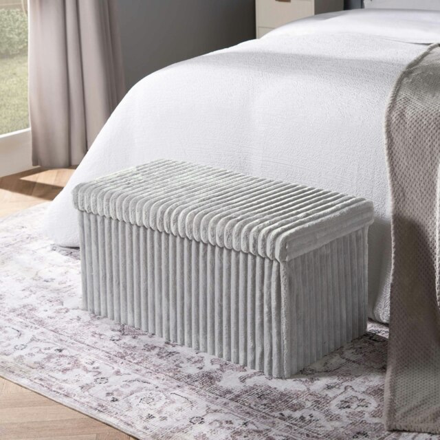 OHS Soft Fleece Ribbed Long Rectangle Foldable Footstool Seat Storage Organiser Ottoman Grey