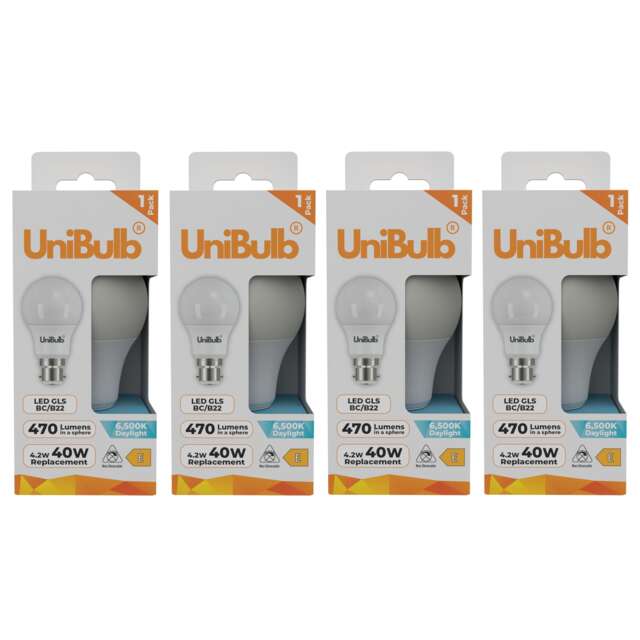 UniBulb LED GLS B22 Bayonet Cap (BC) 470lm 4.2W (Replaces 40W) 6500K (Daylight) Light Bulb - Pack of 4