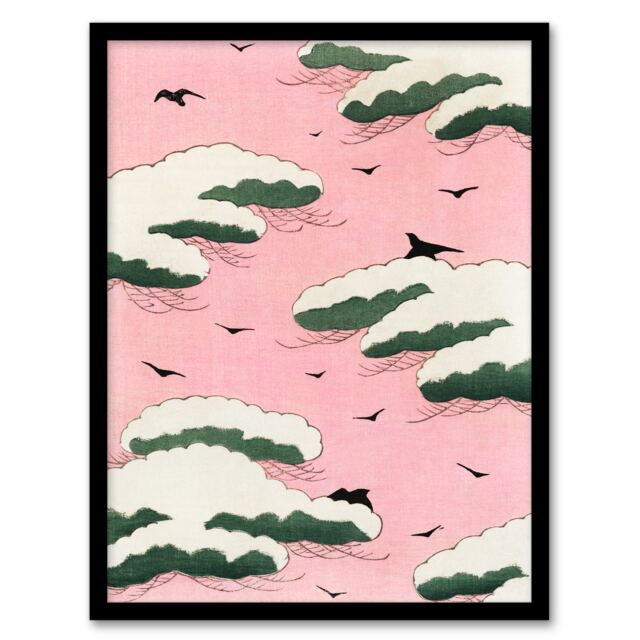 Shin Bijutsukai Framed Wall Art Print Pink Sky With Clouds and Birds Home Décor